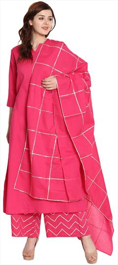 Casual Pink and Majenta color Salwar Kameez in Cotton fabric with Palazzo Gota Patti work : 1613339