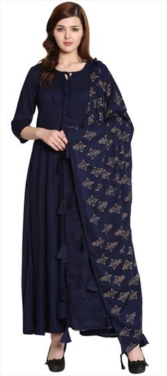 Casual Blue color Salwar Kameez in Rayon fabric with Palazzo Lace, Printed work : 1613341