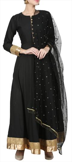 Festive, Reception Black and Grey color Salwar Kameez in Taffeta Silk fabric with Straight Lace work : 1613517