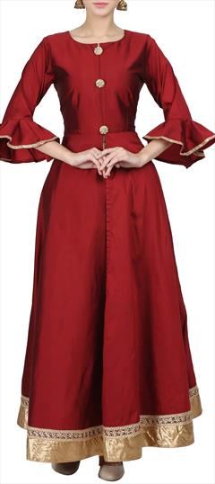 Festive, Party Wear, Reception Red and Maroon color Salwar Kameez in Taffeta Silk fabric with Lace work : 1613554