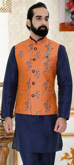 Orange color Nehru Jacket in Jacquard fabric with Thread work : 1613711
