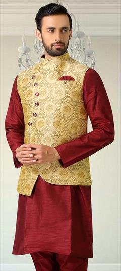 Beige and Brown color Nehru Jacket in Jacquard fabric with Thread work : 1613715