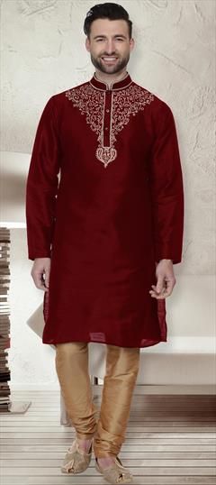 Red and Maroon color Kurta Pyjamas in Dupion Silk fabric with Embroidered, Resham, Thread work : 1613732