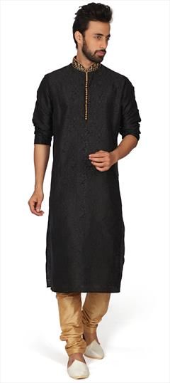 Black and Grey color Kurta Pyjamas in Brocade fabric with Embroidered, Resham, Thread work : 1615268