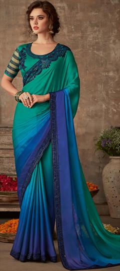 Bollywood Blue color Saree in Chiffon fabric with Classic Embroidered, Resham, Thread work : 1615893