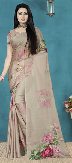 Traditional Beige and Brown color Saree in Satin Silk, Silk fabric with South Digital Print, Floral work : 1616140