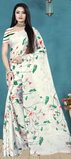 Traditional White and Off White color Saree in Satin Silk, Silk fabric with South Digital Print, Floral work : 1616156