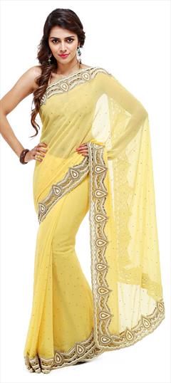 Mehendi Sangeet, Reception, Wedding Yellow color Saree in Georgette fabric with Classic Cut Dana, Embroidered, Resham, Stone, Thread, Zircon work : 1616254