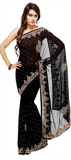 Mehendi Sangeet, Reception, Wedding Black and Grey color Saree in Georgette fabric with Classic Cut Dana, Embroidered, Resham, Stone, Thread, Zircon work : 1616257