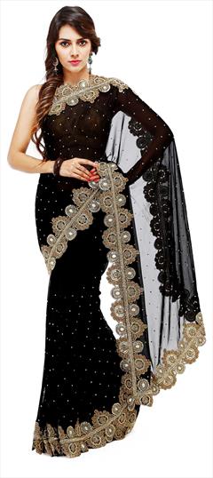 Mehendi Sangeet, Reception, Wedding Black and Grey color Saree in Georgette fabric with Classic Cut Dana, Embroidered, Lace, Resham, Stone, Thread work : 1616258