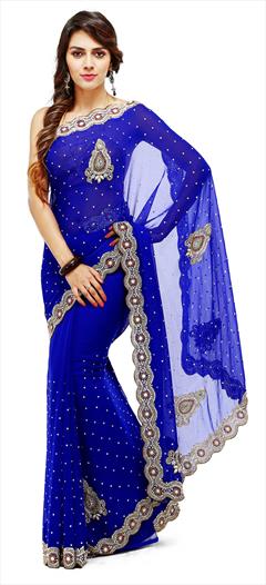Mehendi Sangeet, Reception, Wedding Blue color Saree in Georgette fabric with Classic Cut Dana, Embroidered, Lace, Resham, Stone, Thread, Zircon work : 1616259