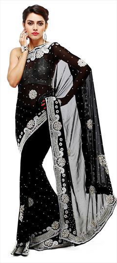 Mehendi Sangeet, Reception, Wedding Black and Grey color Saree in Georgette fabric with Classic Cut Dana, Embroidered, Resham, Stone, Thread, Zircon work : 1616267
