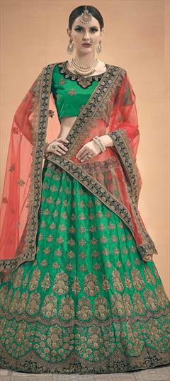 Engagement, Festive, Reception Green color Lehenga in Satin Silk fabric with A Line Border, Stone, Thread, Zari work : 1616275