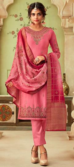 Festive, Reception Pink and Majenta color Salwar Kameez in Satin Silk fabric with Straight Embroidered, Resham, Thread, Zardozi work : 1616428