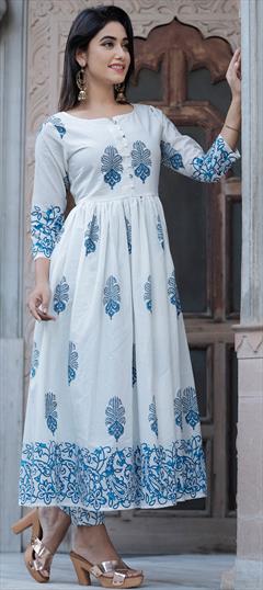Designer White and Off White color Tunic with Bottom in Cotton fabric with Block Print work : 1617255