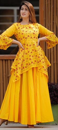 Designer Yellow color Tunic with Bottom in Cotton fabric with Block Print work : 1617490