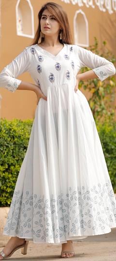 Casual, Designer White and Off White color Salwar Kameez in Cotton fabric with A Line Block Print work : 1617494