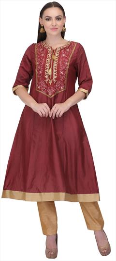 Designer Red and Maroon color Tunic with Bottom in Chanderi Silk fabric with Embroidered, Thread work : 1617946