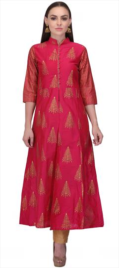 Designer Pink and Majenta color Tunic with Bottom in Silk cotton fabric with Block Print work : 1617948