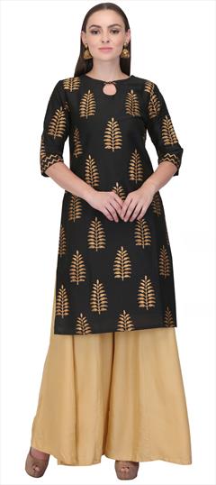 Designer Black and Grey color Tunic with Bottom in Silk cotton fabric with Block Print work : 1617950