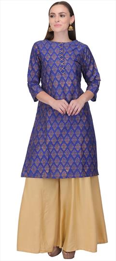 Designer Blue color Tunic with Bottom in Silk cotton fabric with Block Print work : 1617952