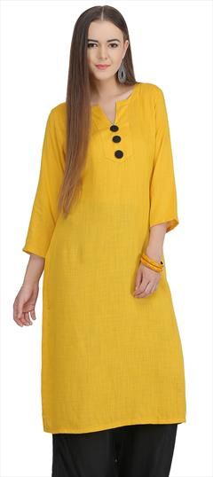 Designer Yellow color Kurti in Cotton fabric with Long Sleeve, Straight Thread work : 1617989