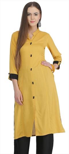 Designer Yellow color Kurti in Cotton fabric with Long Sleeve, Straight Thread work : 1617991