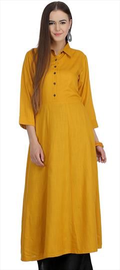 Designer Yellow color Kurti in Cotton fabric with A Line, Long Sleeve Thread work : 1617992