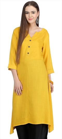 Designer Yellow color Kurti in Cotton fabric with A Line, Long Sleeve Thread work : 1617994