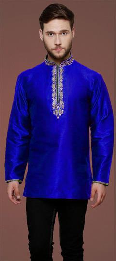Blue color Kurta in Dupion Silk fabric with Embroidered, Thread, Zari work : 1618124
