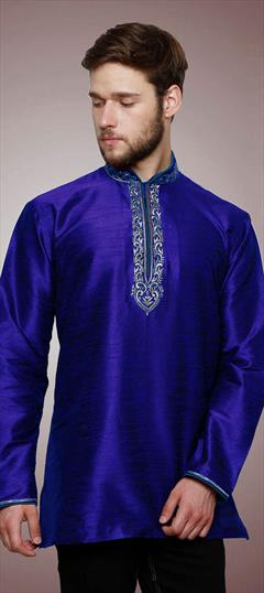 Blue color Kurta in Dupion Silk fabric with Embroidered, Thread, Zari work : 1618126