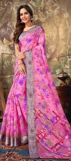 Casual, Traditional Pink and Majenta color Saree in Cotton fabric with Bengali Floral, Printed work : 1618153