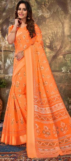 Casual, Traditional Orange color Saree in Cotton fabric with Bengali Floral, Printed work : 1618157