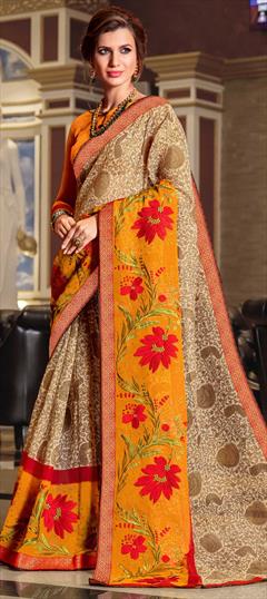 Casual, Traditional Beige and Brown color Saree in Art Silk, Silk fabric with Bengali, South Embroidered, Printed, Resham, Thread work : 1618185