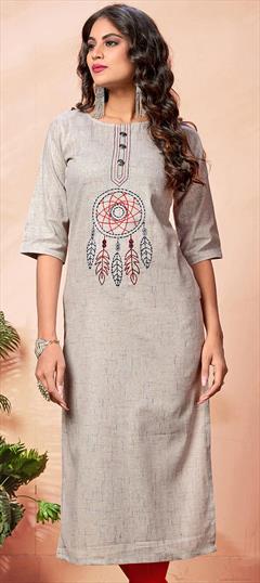 Casual Black and Grey color Kurti in Cotton fabric with Long Sleeve, Straight Embroidered, Resham, Thread work : 1618488