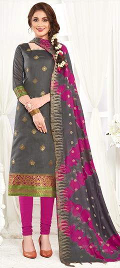 Casual Black and Grey color Salwar Kameez in Cotton fabric with Straight Weaving work : 1619055