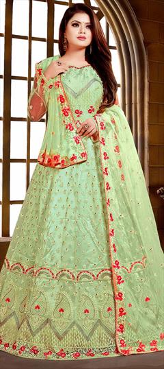 Party Wear, Reception Green color Gown in Net fabric with Embroidered, Gota Patti, Resham, Stone, Thread work : 1619568