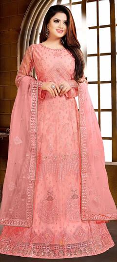 Party Wear, Reception Pink and Majenta color Gown in Net fabric with Embroidered, Gota Patti, Resham, Stone, Thread work : 1619570