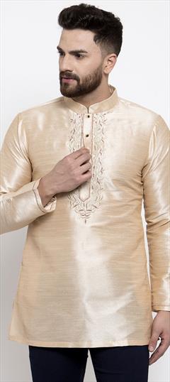 Gold color Kurta in Dupion Silk fabric with Embroidered, Thread work : 1619930
