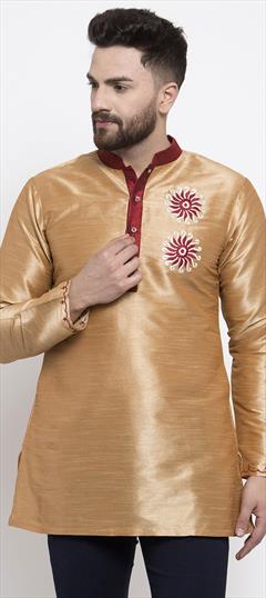 Gold color Kurta in Dupion Silk fabric with Embroidered, Thread work : 1619936