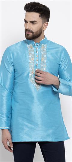 Blue color Kurta in Dupion Silk fabric with Embroidered, Thread work : 1619938