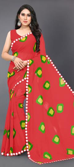 Party Wear Red and Maroon color Saree in Faux Georgette fabric with Classic Lace, Mirror, Printed work : 1619978