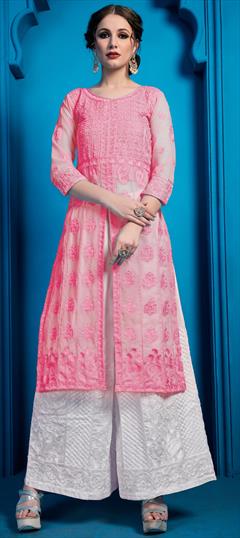 Casual Pink and Majenta color Tunic with Bottom in Georgette fabric with Thread work : 1620116
