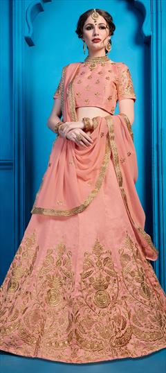 Reception, Wedding Pink and Majenta color Lehenga in Art Silk fabric with A Line Embroidered, Sequence, Thread, Zari work : 1620576