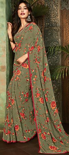 Casual, Festive, Party Wear Black and Grey color Saree in Georgette fabric with Classic Floral, Printed work : 1621098