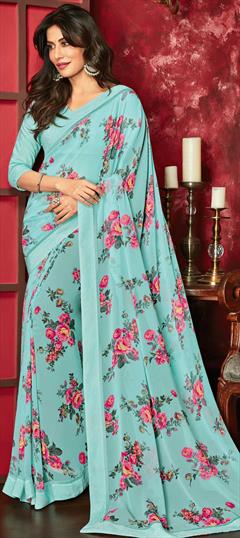 Casual, Festive, Party Wear Blue color Saree in Georgette fabric with Classic Floral, Printed work : 1621103