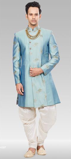 Blue color IndoWestern Dress in Silk fabric with Embroidered, Thread work : 1621233