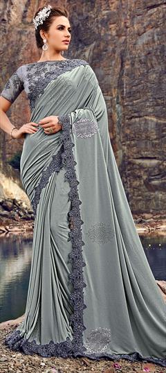 Bridal, Engagement, Wedding Black and Grey color Saree in Lycra fabric with Classic Stone, Thread, Zari work : 1621534