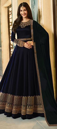 Engagement, Reception, Wedding Blue color Salwar Kameez in Georgette fabric with Anarkali Bugle Beads, Embroidered, Lace, Thread work : 1621593