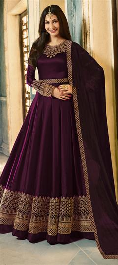 Engagement, Reception, Wedding Purple and Violet color Salwar Kameez in Silk fabric with Anarkali Bugle Beads, Embroidered, Lace, Thread work : 1621598